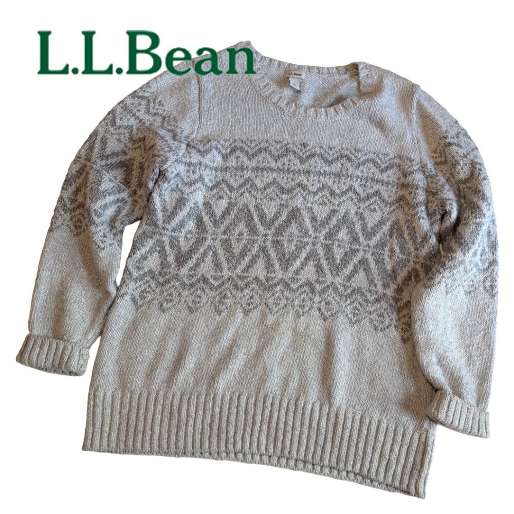 L.L. Bean Fair Isle Sweater Womens M Petite Gray Cotton Nordic Crewneck - Picture 2 of 9